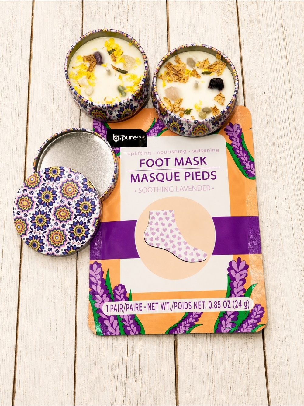 b.pure Soothing Lavender Foot Mask & Soy Candles With Natural Stones